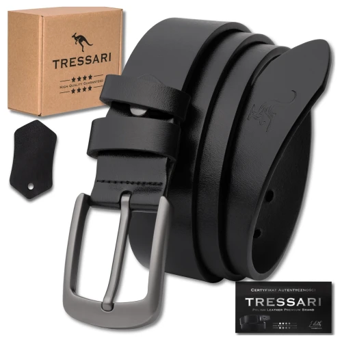 TRESSARI męski pasek 125 cm 100% skóra naturalna skórzany czarny do spodni