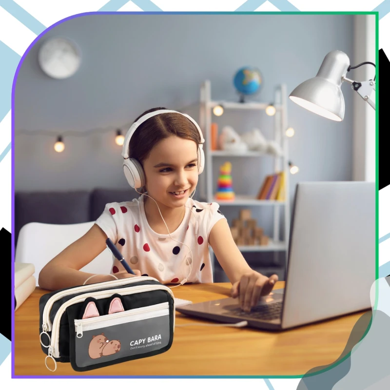 Piórnik szkolny rozkładany saszetka Kapibara pojemny duży czarny 7.webp