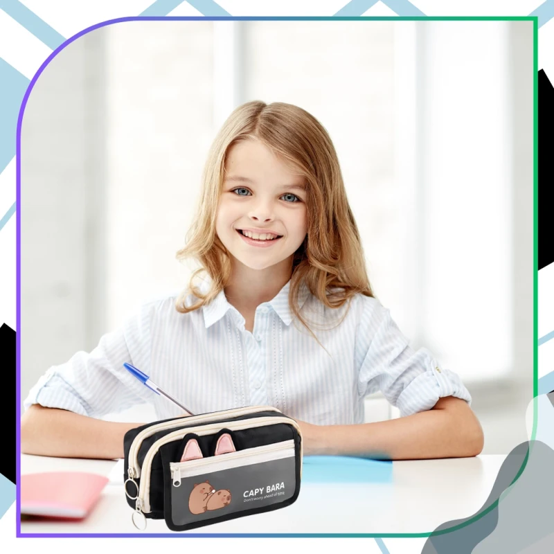 Piórnik szkolny rozkładany saszetka Kapibara pojemny duży czarny 8.webp