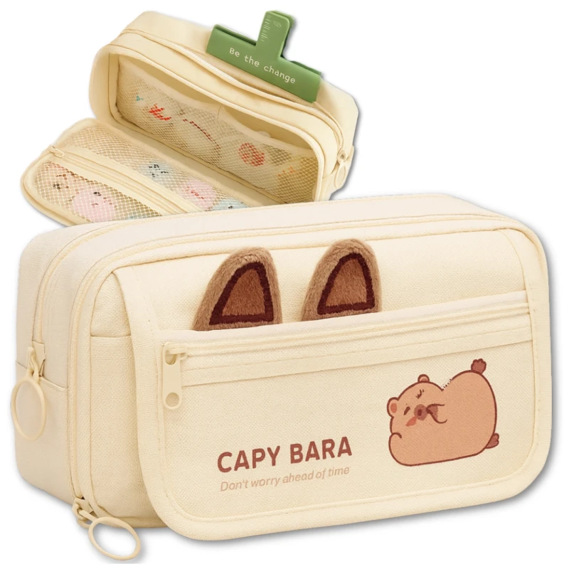 Piórnik szkolny saszetka rozkładany beżowy Kapibara pojemny duży 2.webp