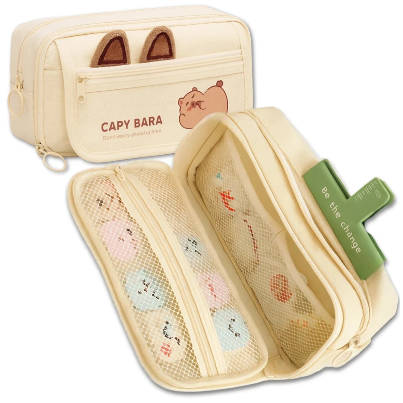 Piórnik szkolny saszetka rozkładany beżowy Kapibara pojemny duży 3.webp