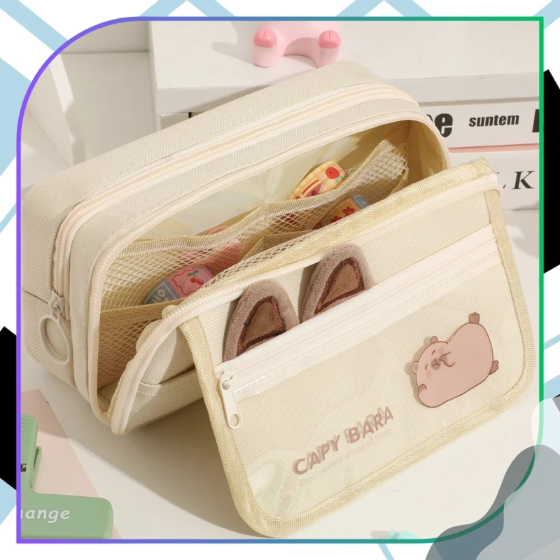 Piórnik szkolny saszetka rozkładany beżowy Kapibara pojemny duży 5.webp