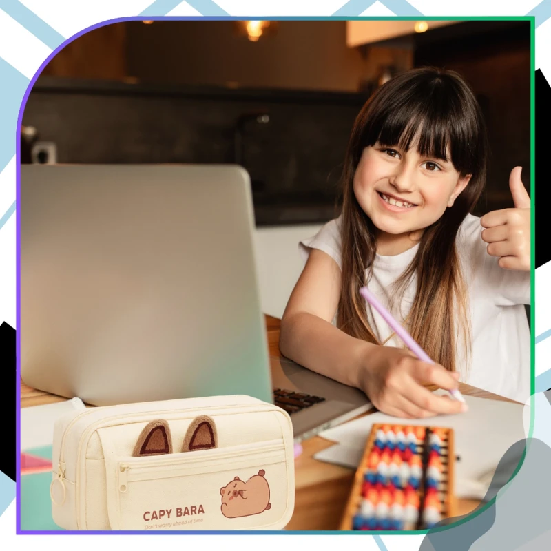 Piórnik szkolny saszetka rozkładany beżowy Kapibara pojemny duży 7.webp