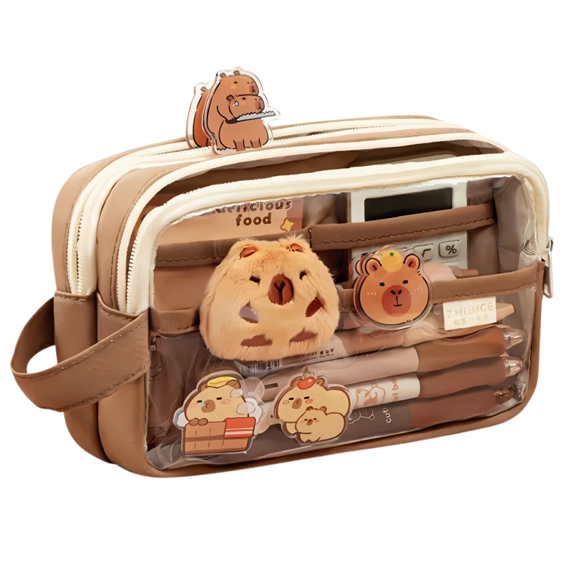 Saszetka piórnik szkolny dwukomorowy pojemny maskotka Kapibara akcesoria 4.webp