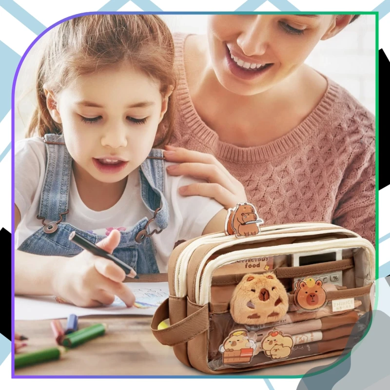 Saszetka piórnik szkolny dwukomorowy pojemny maskotka Kapibara akcesoria 7.webp