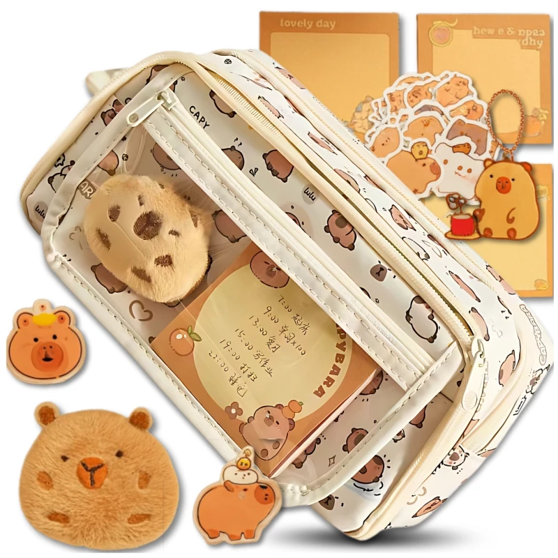 Saszetka piórnik dwukomorowy szkolny pojemny akcesoria maskotka Kapibara 1.webp