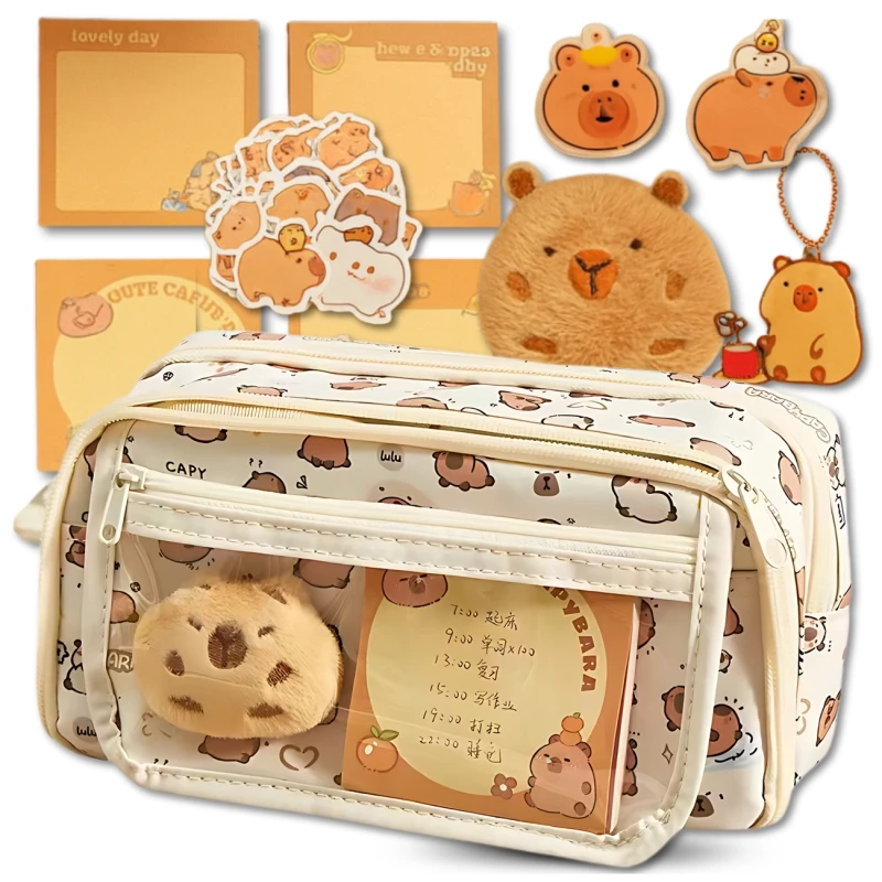 Saszetka piórnik dwukomorowy szkolny pojemny akcesoria maskotka Kapibara 2.webp