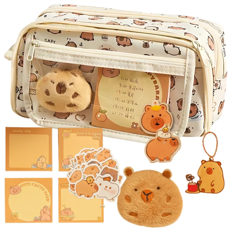 Saszetka piórnik dwukomorowy szkolny pojemny akcesoria maskotka Kapibara 5.webp