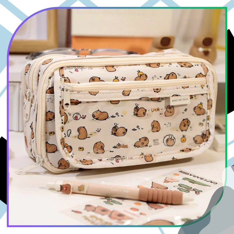 Saszetka piórnik dwukomorowy szkolny pojemny akcesoria maskotka Kapibara 6.webp