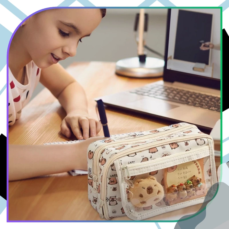 Saszetka piórnik dwukomorowy szkolny pojemny akcesoria maskotka Kapibara 7.webp