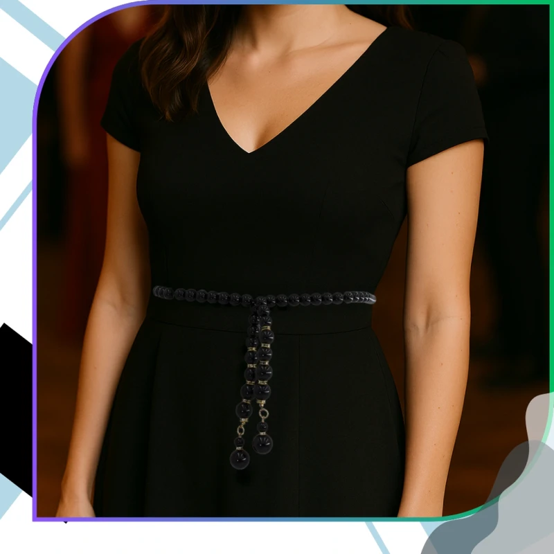 Damski Pasek perełki czarny na talię wiązany elegancki 2.webp