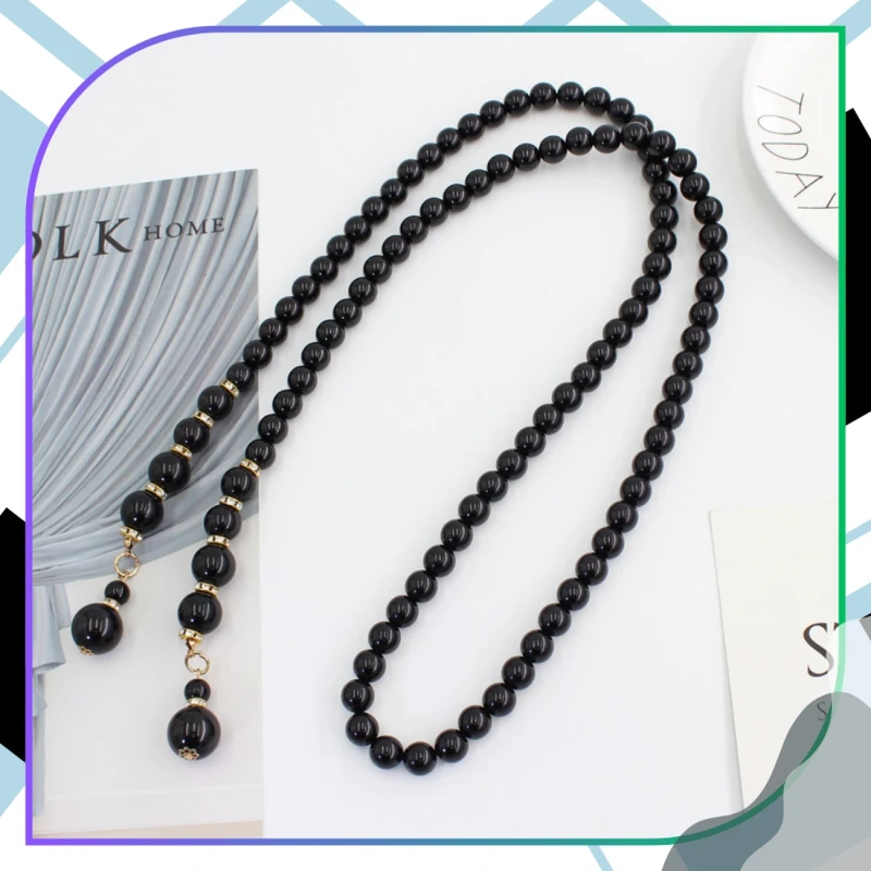 Damski Pasek perełki czarny na talię wiązany elegancki 3.webp