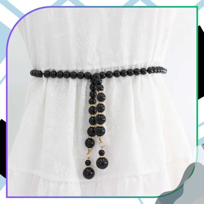 Damski Pasek perełki czarny na talię wiązany elegancki 4.webp