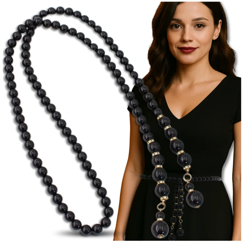 Damski Pasek perełki czarny na talię wiązany elegancki 7.webp