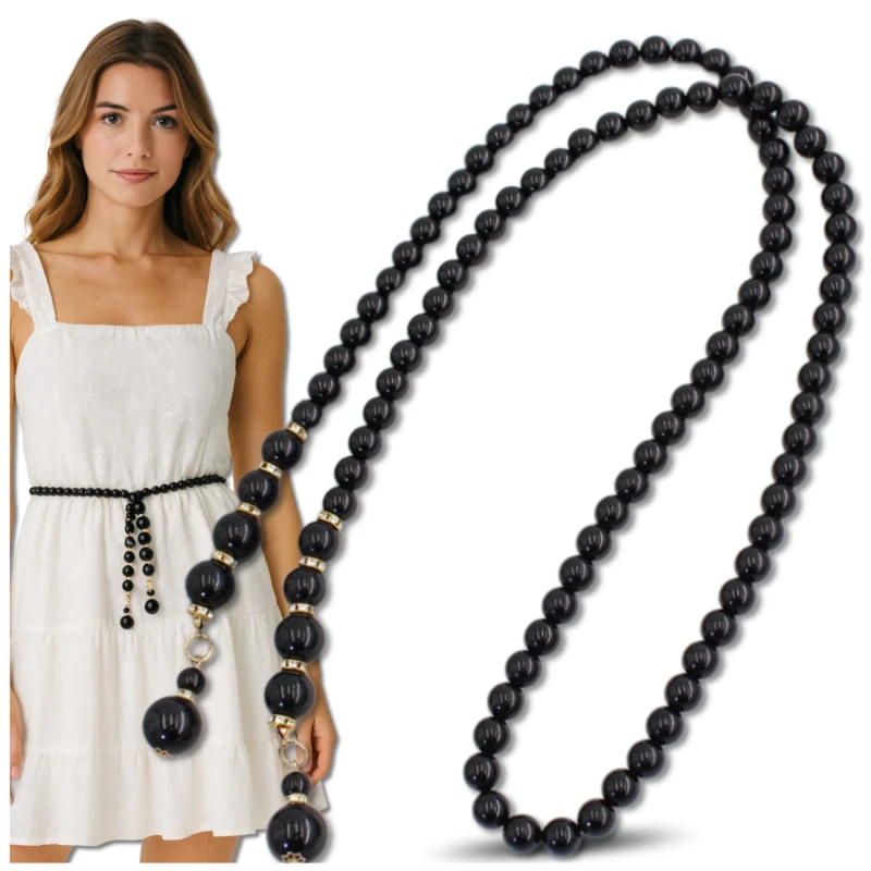 Damski Pasek perełki czarny na talię wiązany elegancki 9.webp