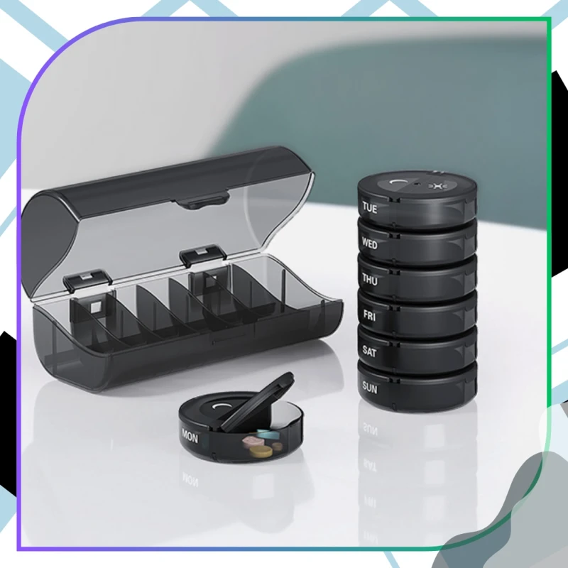 Pudełko kasetka organizer czarny na leki 7 dni okrągły 1.webp