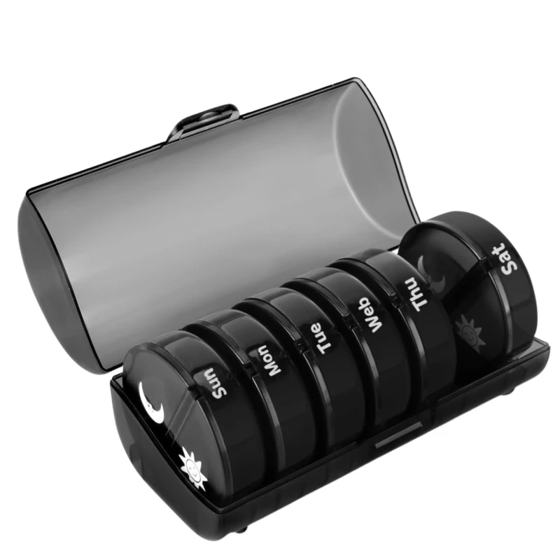 Pudełko kasetka organizer czarny na leki 7 dni okrągły 5.webp