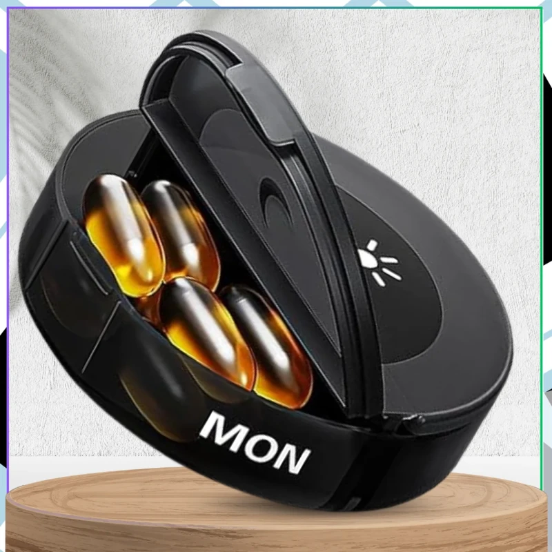 Pudełko kasetka organizer czarny na leki 7 dni okrągły 6.webp