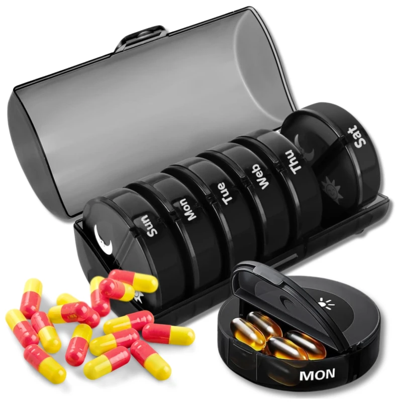Pudełko kasetka organizer czarny na leki 7 dni okrągły 7.webp