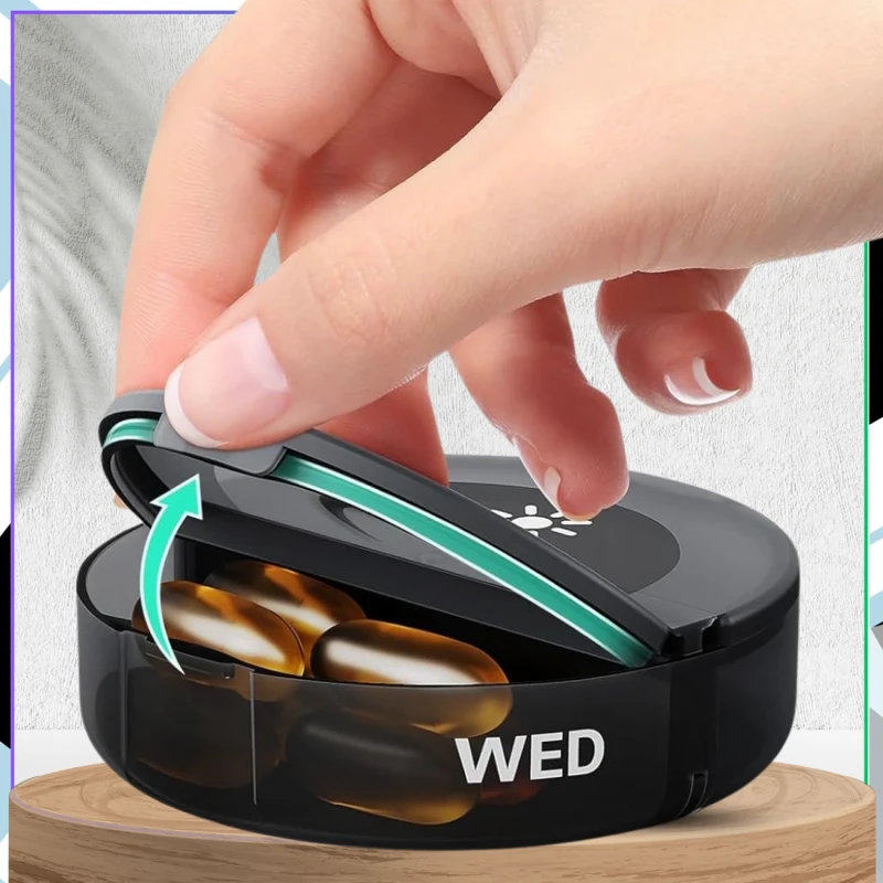 Pudełko kasetka organizer czarny na leki 7 dni okrągły 8.webp