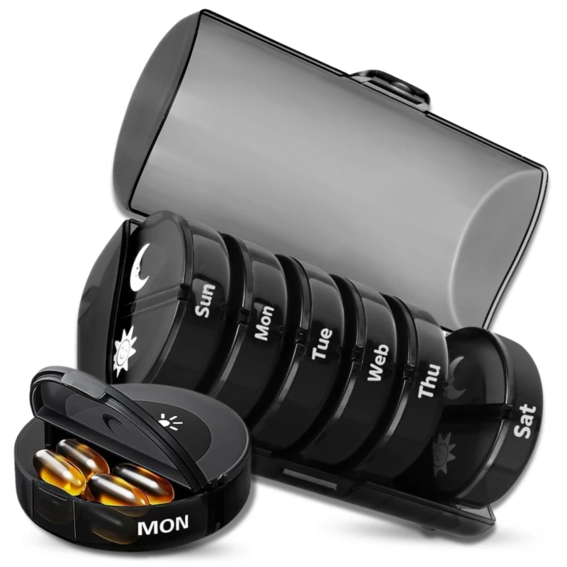 Pudełko kasetka organizer czarny na leki 7 dni okrągły 9.webp