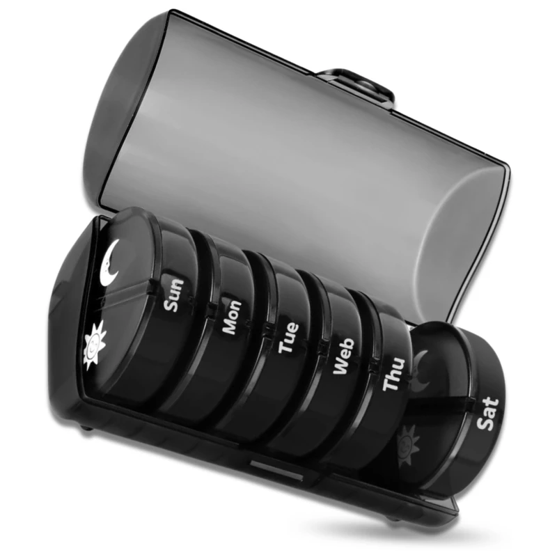 Pudełko kasetka organizer czarny na leki 7 dni okrągły 11.webp