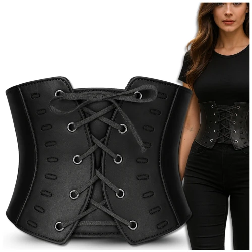 Pasek wiązany szeroki pas gorset czarny gumowy sznurowany