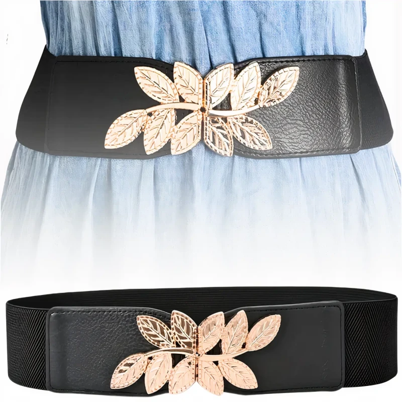 Elastyczny pasek damski czarny szeroki do sukienki złoty wzór 1.webp