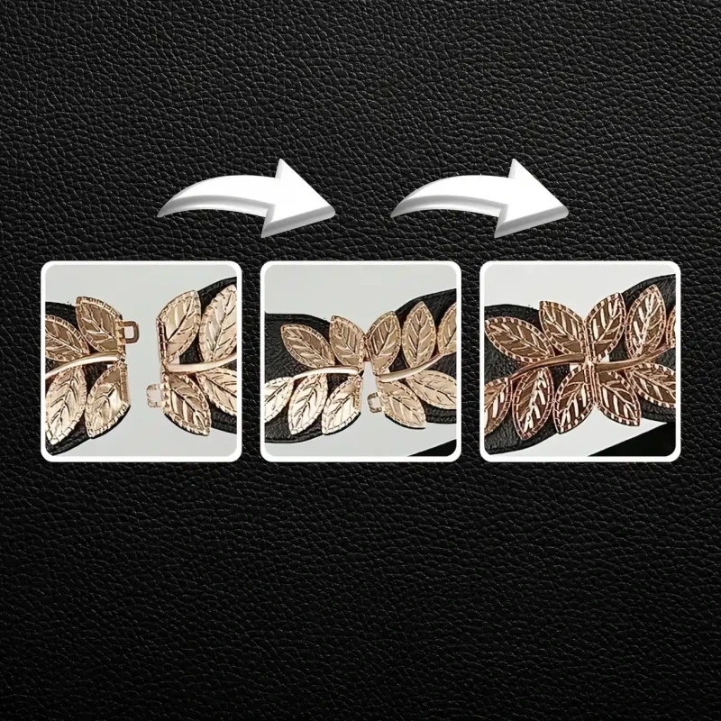 Elastyczny pasek damski czarny szeroki do sukienki złoty wzór 2.webp