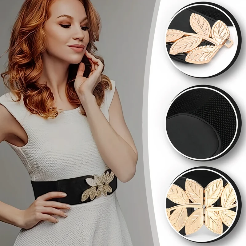 Elastyczny pasek damski czarny szeroki do sukienki złoty wzór 3.webp