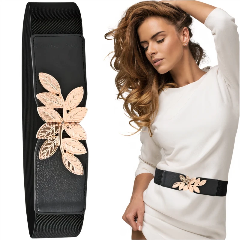 Elastyczny pasek damski czarny szeroki do sukienki złoty wzór 5.webp