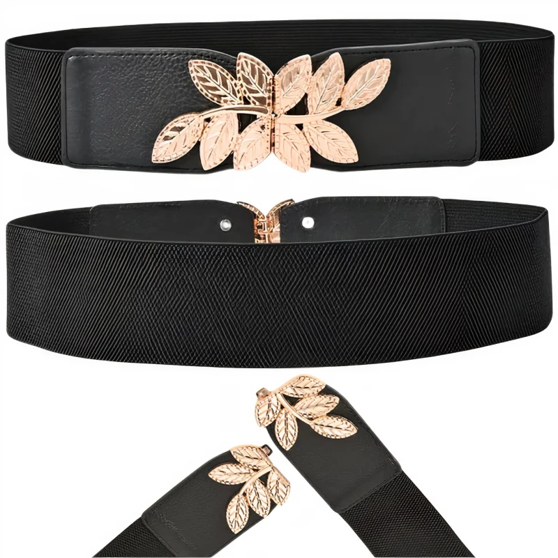 Elastyczny pasek damski czarny szeroki do sukienki złoty wzór 6.webp