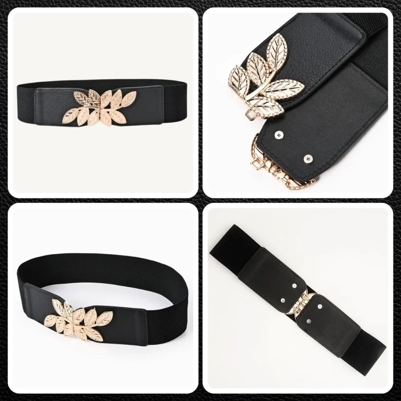 Elastyczny pasek damski czarny szeroki do sukienki złoty wzór 7.webp