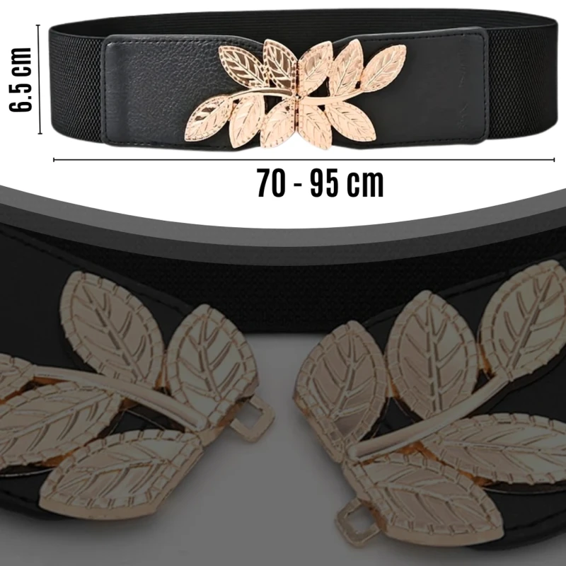 Elastyczny pasek damski czarny szeroki do sukienki złoty wzór 9.webp