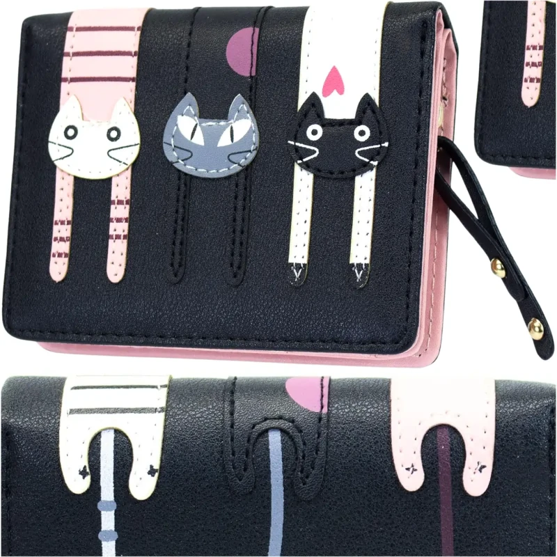 Portfel damski praktyczny portmonetka ozdobny koci skórzany czarny 2.webp