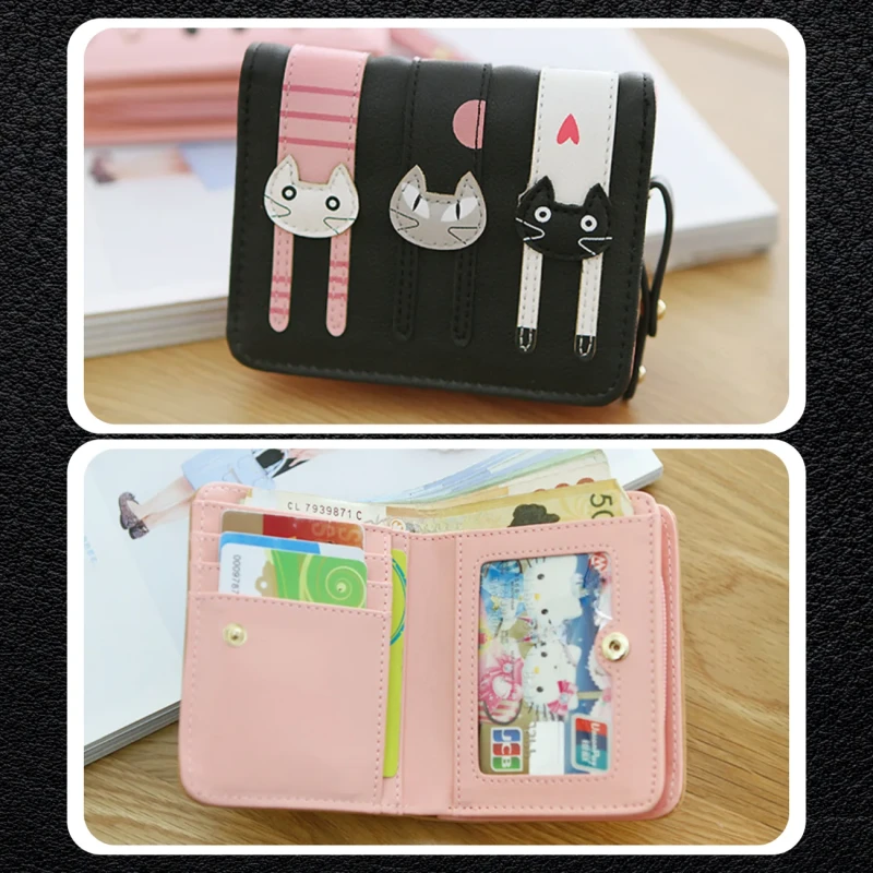 Portfel damski praktyczny portmonetka ozdobny koci skórzany czarny 3.webp