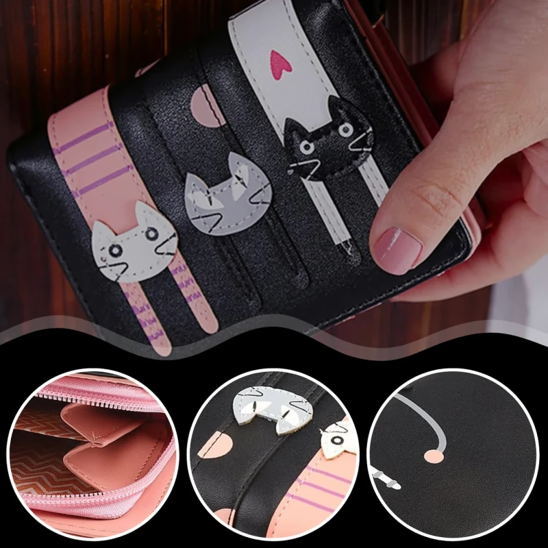 Portfel damski praktyczny portmonetka ozdobny koci skórzany czarny 4.webp