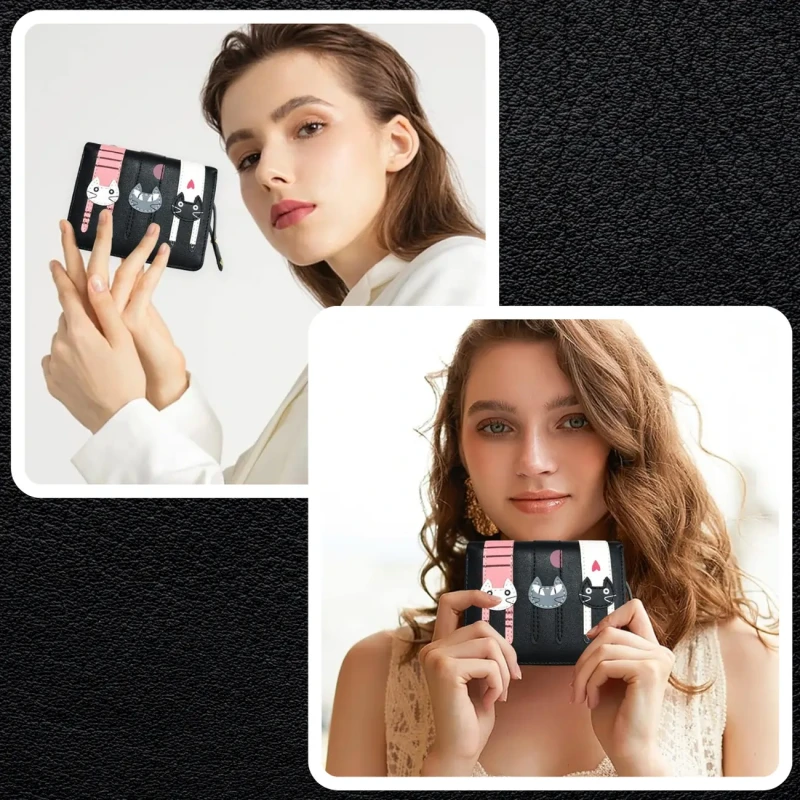 Portfel damski praktyczny portmonetka ozdobny koci skórzany czarny 5.webp