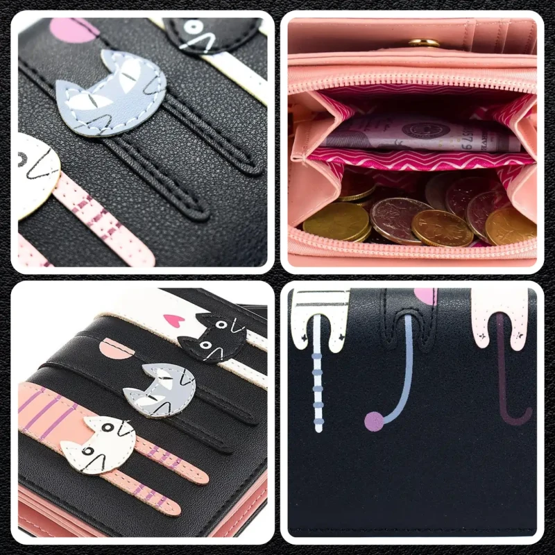 Portfel damski praktyczny portmonetka ozdobny koci skórzany czarny 6.webp