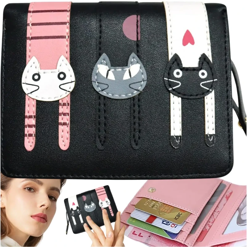 Portfel damski praktyczny portmonetka ozdobny koci skórzany czarny 7.webp