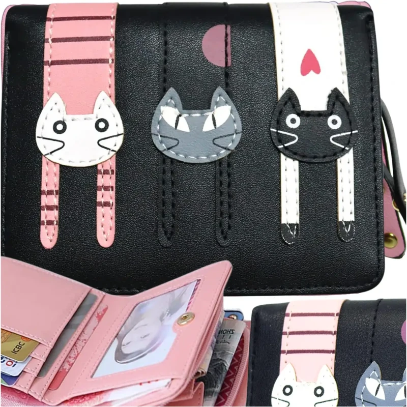 Portfel damski praktyczny portmonetka ozdobny koci skórzany czarny 8.webp