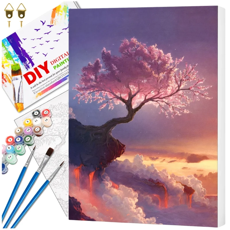 Zestaw do malowania po numerach 40 x 50cm obraz na płótnie Zachód Słońca Drzewo Sakura 1.webp
