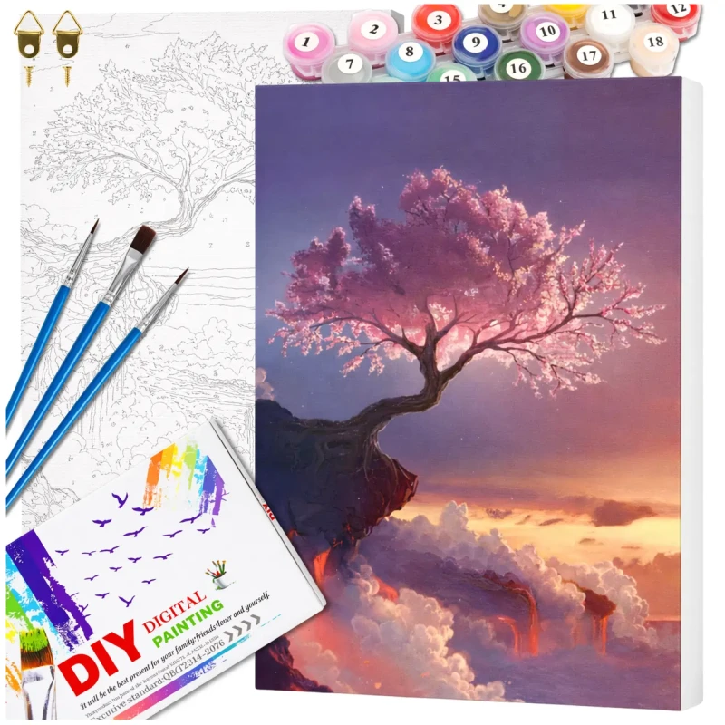 Zestaw do malowania po numerach 40 x 50cm obraz na płótnie Zachód Słońca Drzewo Sakura 2.webp