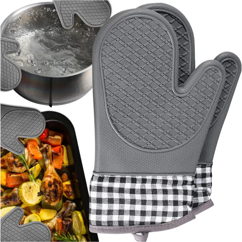 Komplet rękawic kuchennych silikonowe antypoślizgowe szare 3.webp