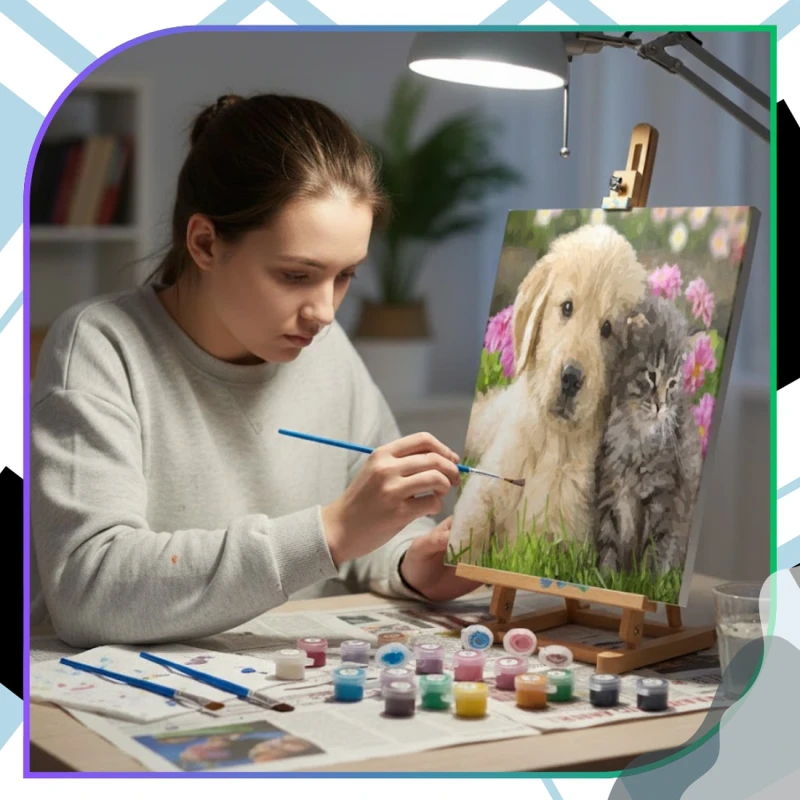 Malowanie po numerach z ramą 40 x 50cm obraz na płótnie Szczeniak i Kotek 11.webp