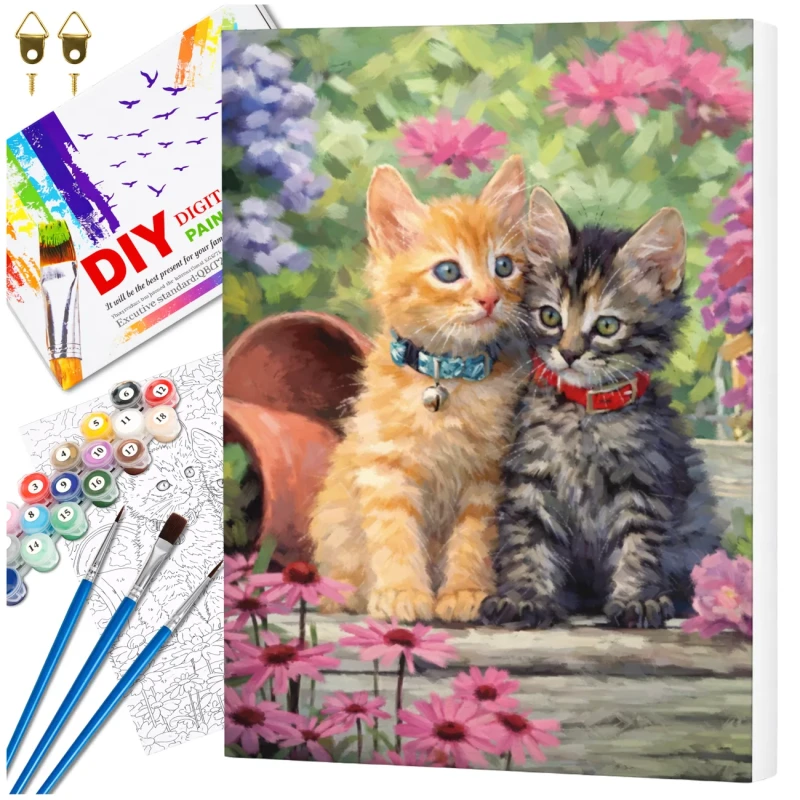 Malowanie po numerach z ramą 40 x 50cm obraz na płótnie Dwa Kociaki w Ogrodzie 1.webp
