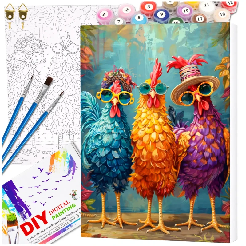 Malowanie po numerach z ramą 40 x 50cm obraz na płótnie Kolorowe Koguty w Okularach 2.webp