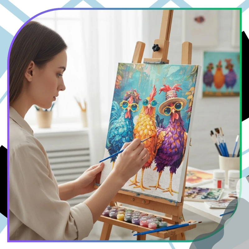 Malowanie po numerach z ramą 40 x 50cm obraz na płótnie Kolorowe Koguty w Okularach 10.webp