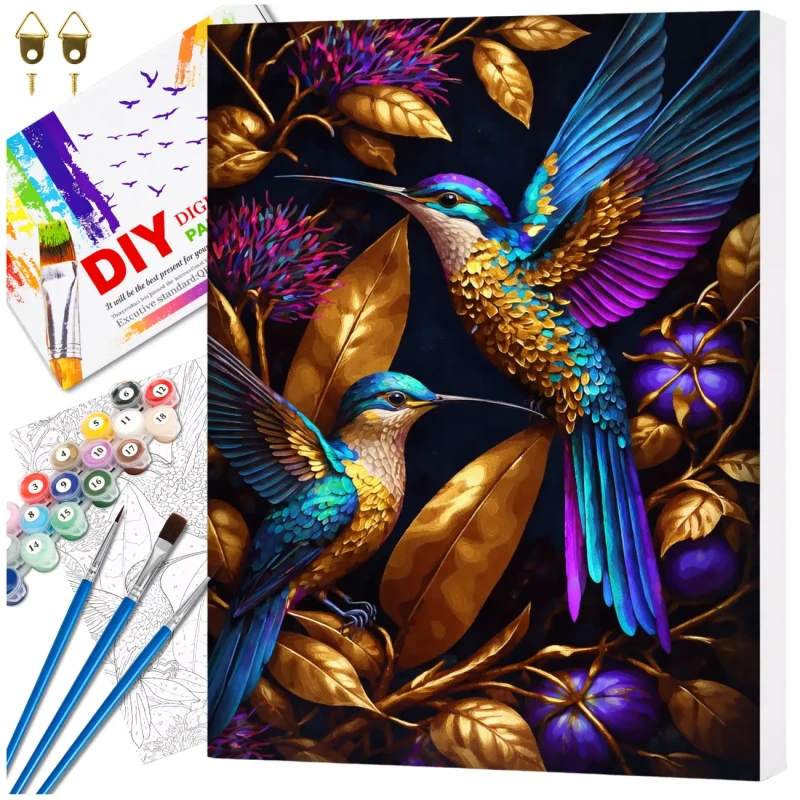 Malowanie po numerach z ramą 40 x 50cm obraz na płótnie Kolorowe Kolibry na Złotych Liściach 1.webp