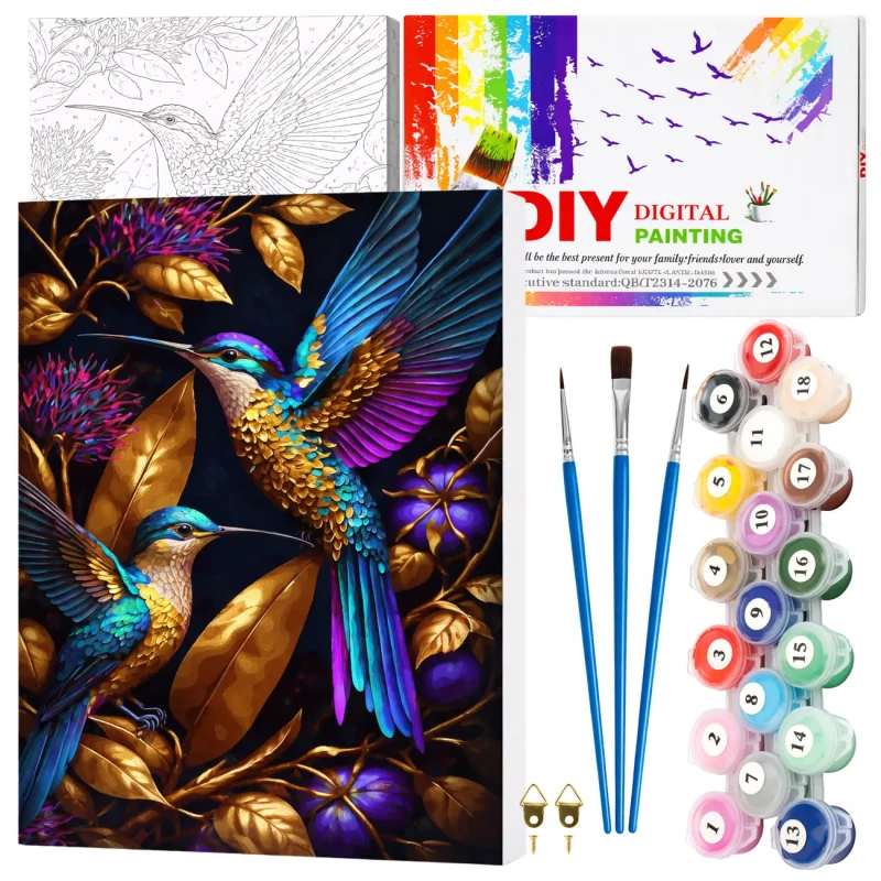 Malowanie po numerach z ramą 40 x 50cm obraz na płótnie Kolorowe Kolibry na Złotych Liściach 5.webp